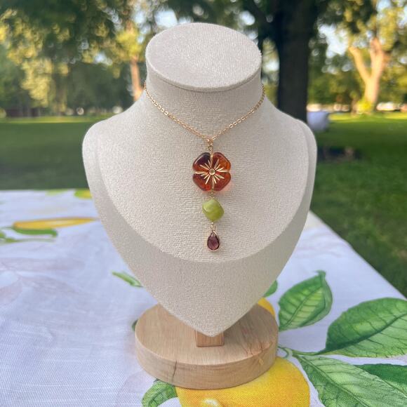 Amber Tone Flower Floral Earthy Bohemian Garnet Olive Green Casual Necklace - Picture 1 of 7